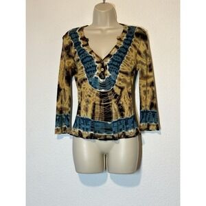 Y2K Henley Shirt Size Small Rib Knit Tie Dye Boho Festival Party‎